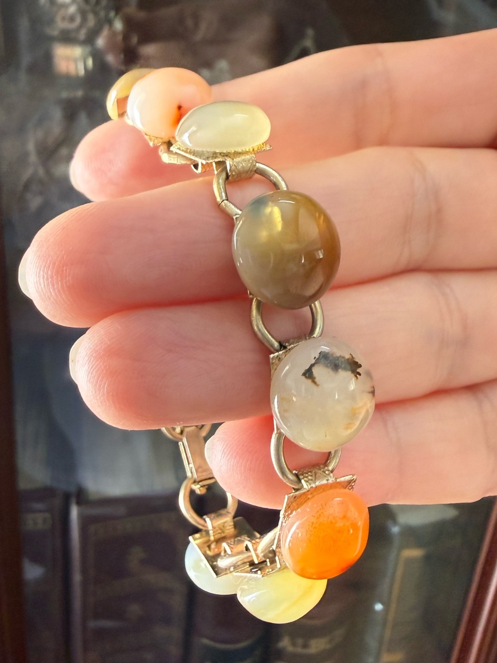 Natural agate gemstone gold tone bracelet